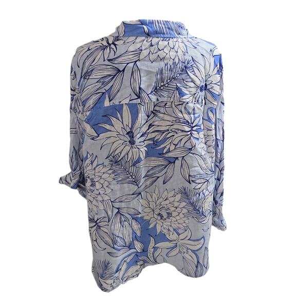 Halston Blue and White Tropical Floral 100 % Linen Button Down Shirt Plus Sz‎ 2X - Picture 2 of 8